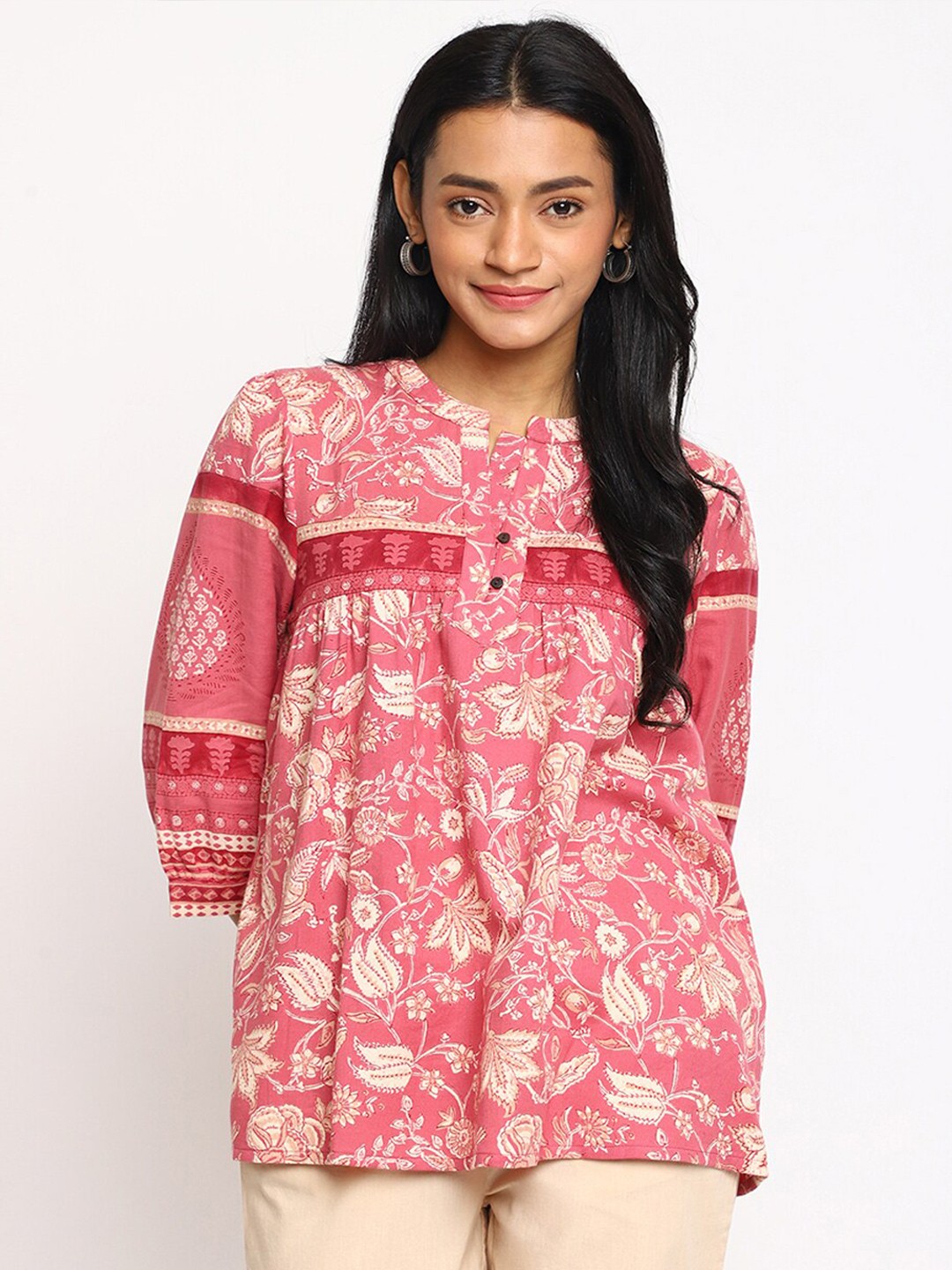

Fabindia Floral Print Mandarin Collar Cotton Top, Pink