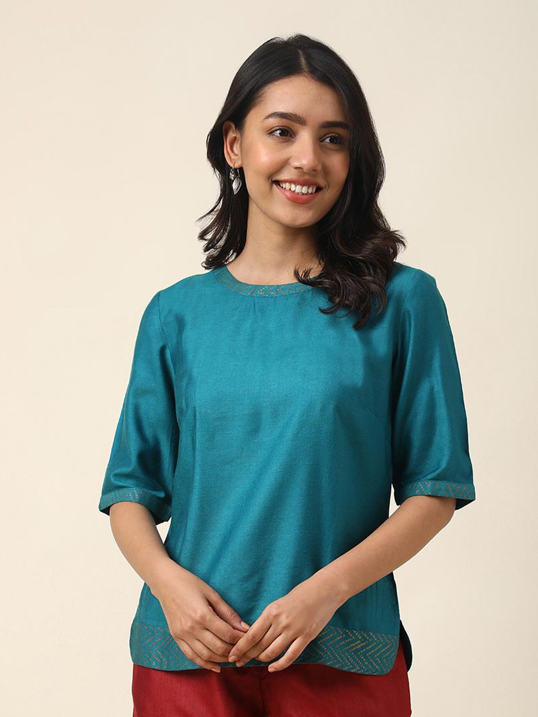 

Fabindia Geometric Printed Regualr Top, Teal
