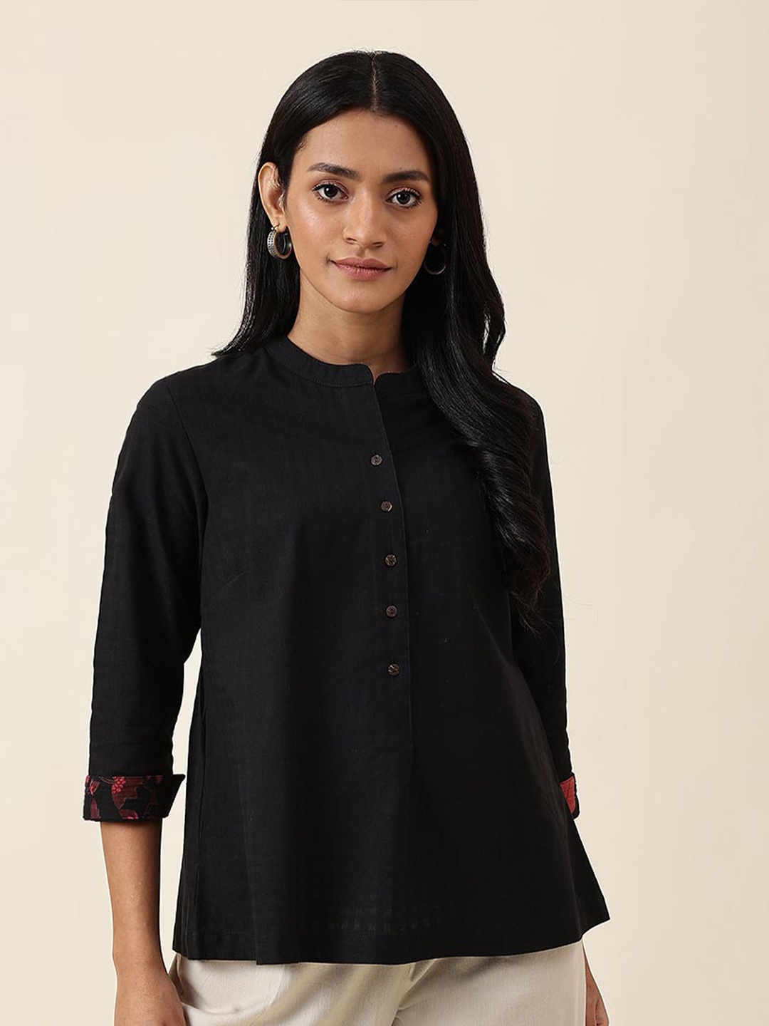 

Fabindia Mandarin Collar Cotton Shirt Style Top, Black