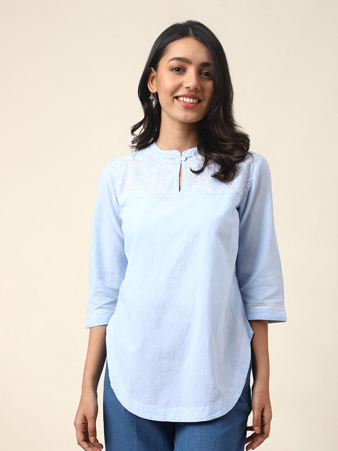 

Fabindia Floral Embroidered Mandarin Collar Cotton Top, Blue