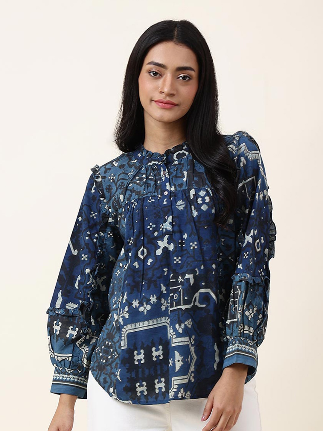

Fabindia Printed Cuffed Sleeves Cotton Shirt Style Top, Navy blue