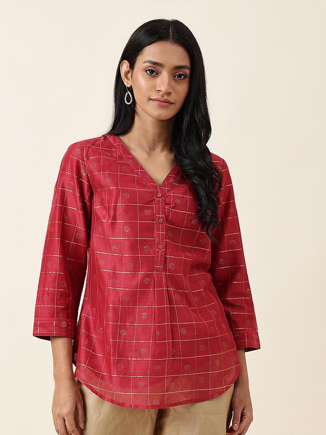

Fabindia Checked V-Neck Top, Maroon