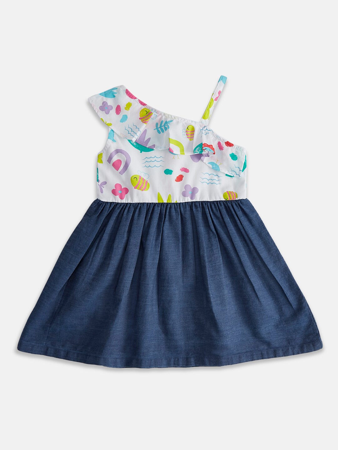

Pantaloons Baby Infant Girls Graphic Printed One Shoulder Cotton Fit and Flare Dress, Blue