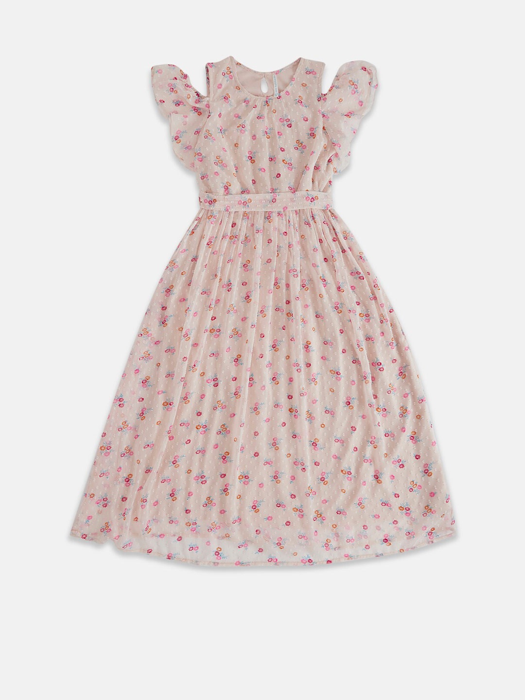 

Pantaloons Junior Girls Round Neck Cold-Shoulder Sleeves Floral Printed Cotton Maxi Dress, Peach