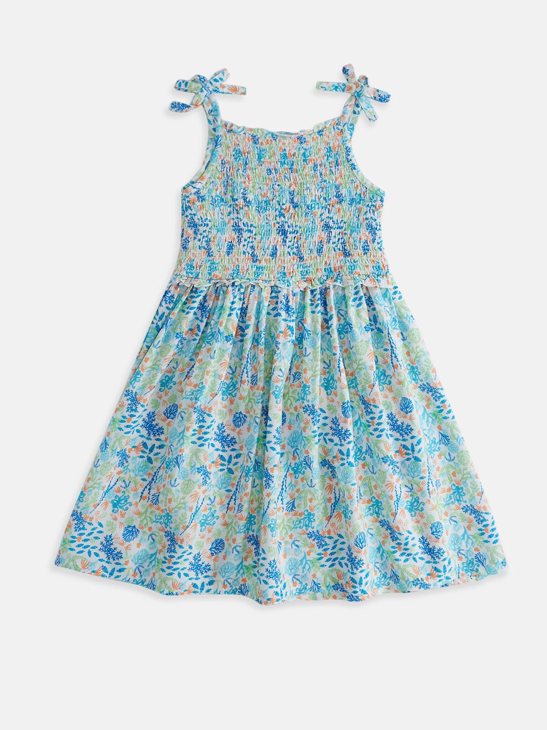 

Pantaloons Junior Girls Floral Printed Smocked Fit & Flare Dress, Blue