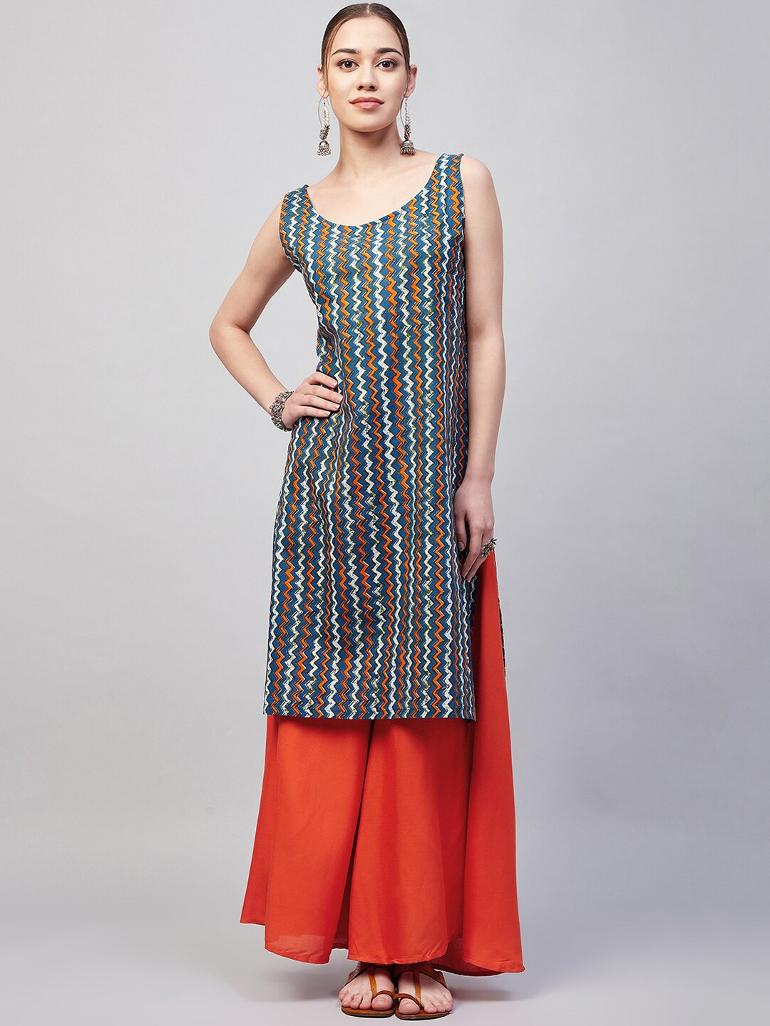 

InWeave Sleeveless Chevron Printed Straight Cotton Kurta, Blue