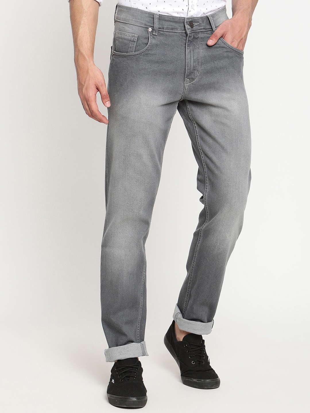 

Cantabil Men Mid-Rise Heavy Fade Stretchable Cotton Jeans, Grey