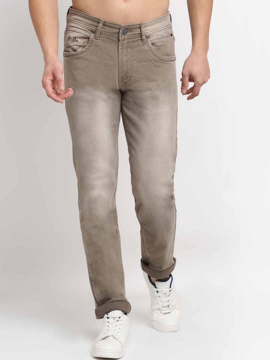 

Cantabil Men Mid-Rise Heavy Fade Stretchable Cotton Jeans, Brown