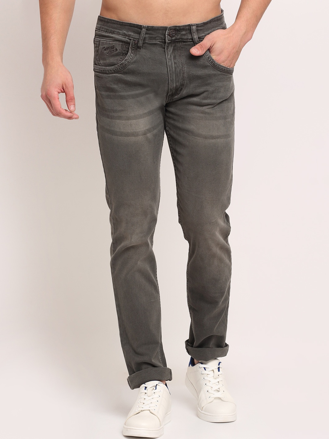 

Cantabil Men Mid-Rise Heavy Fade Stretchable Cotton Jeans, Olive