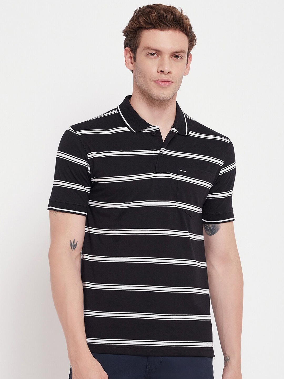 

Okane Striped Polo Collar Slim Fit T-shirt, Black