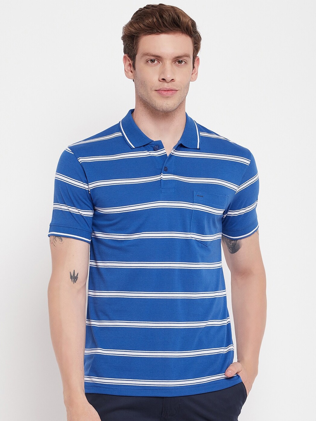 

Okane Striped Polo Collar T-shirt, Blue