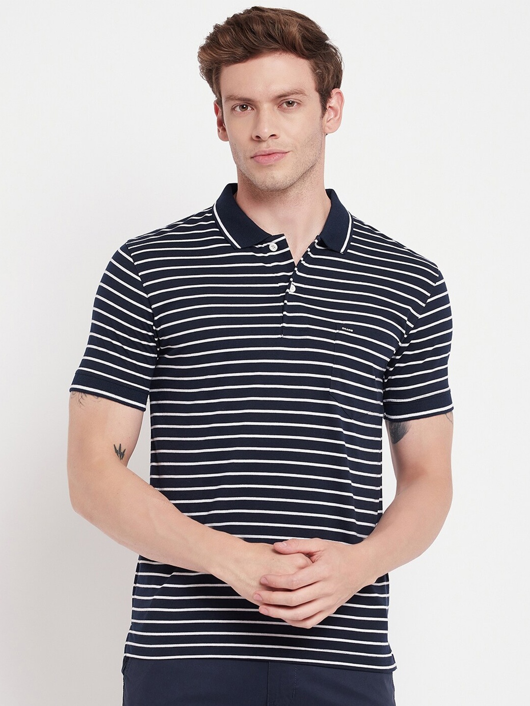 

Okane Striped Polo Collar T-shirt, Navy blue