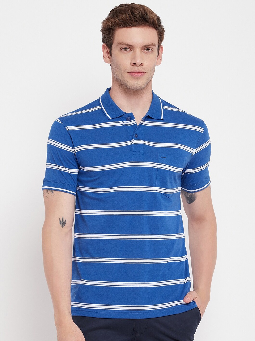 

Okane Striped Polo Collar T-shirt, Blue