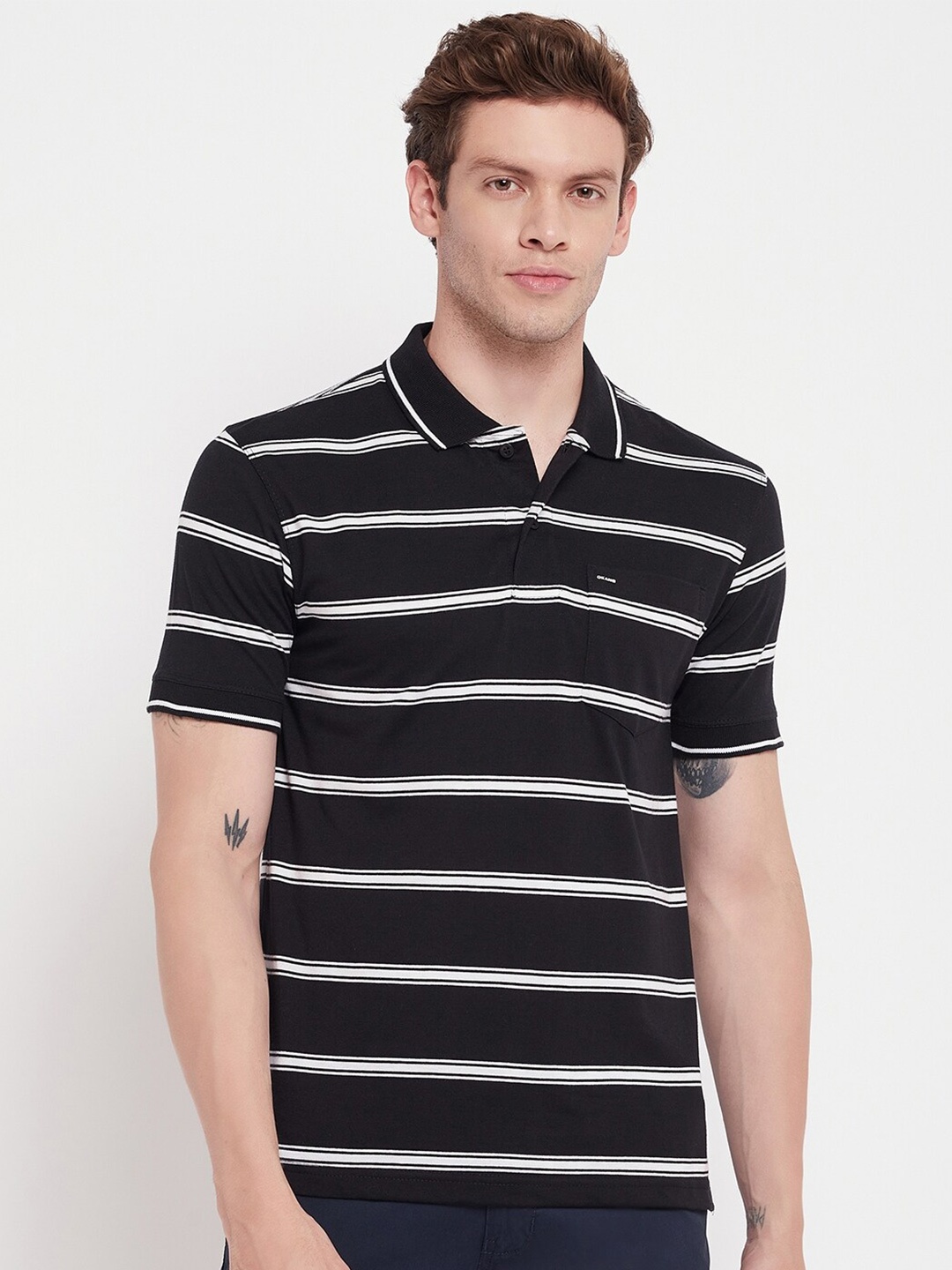 

Okane Striped Polo Collar Cotton T-shirt, Black