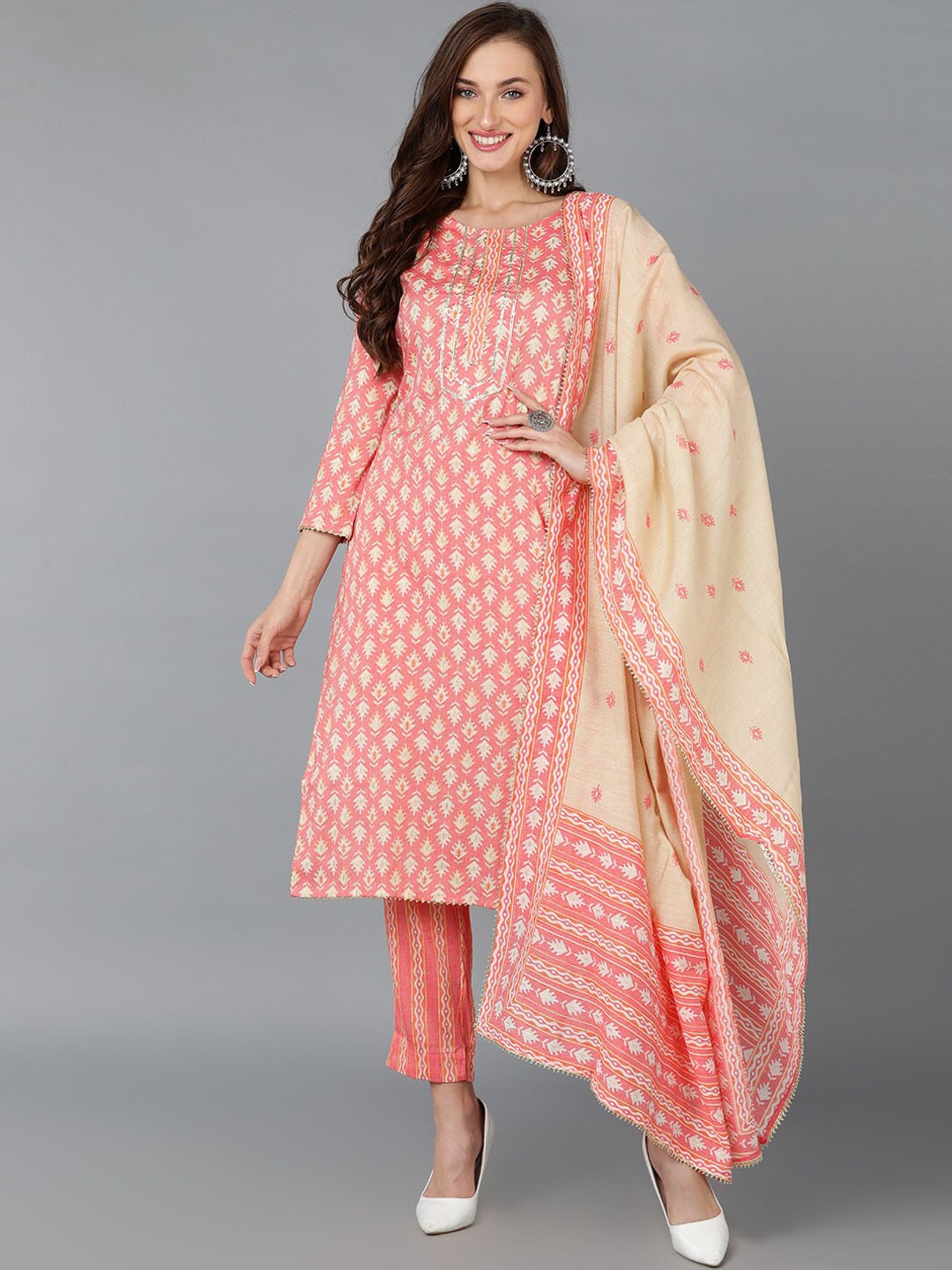 

AHIKA Ethnic Motif Printed Gotta Patti Pure Cotton Kurta With Trousers & Dupatta, Pink