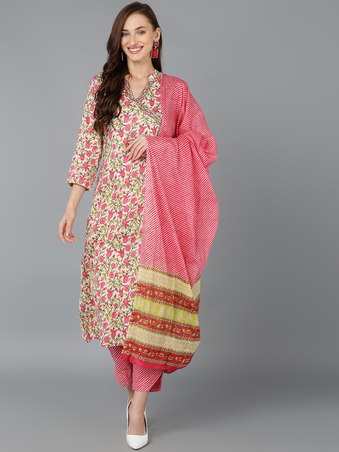 

AHIKA Floral Printed V Neck Angrakha Pure Cotton Kurta With Trousers & Dupatta, Off white