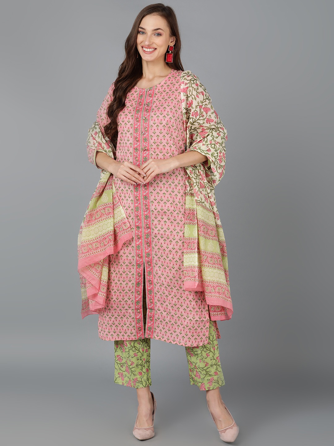 

AHIKA Ethnic Motif Printed Keyhole Neck Pure Cotton Kurta With Trousers & Dupatta, Pink