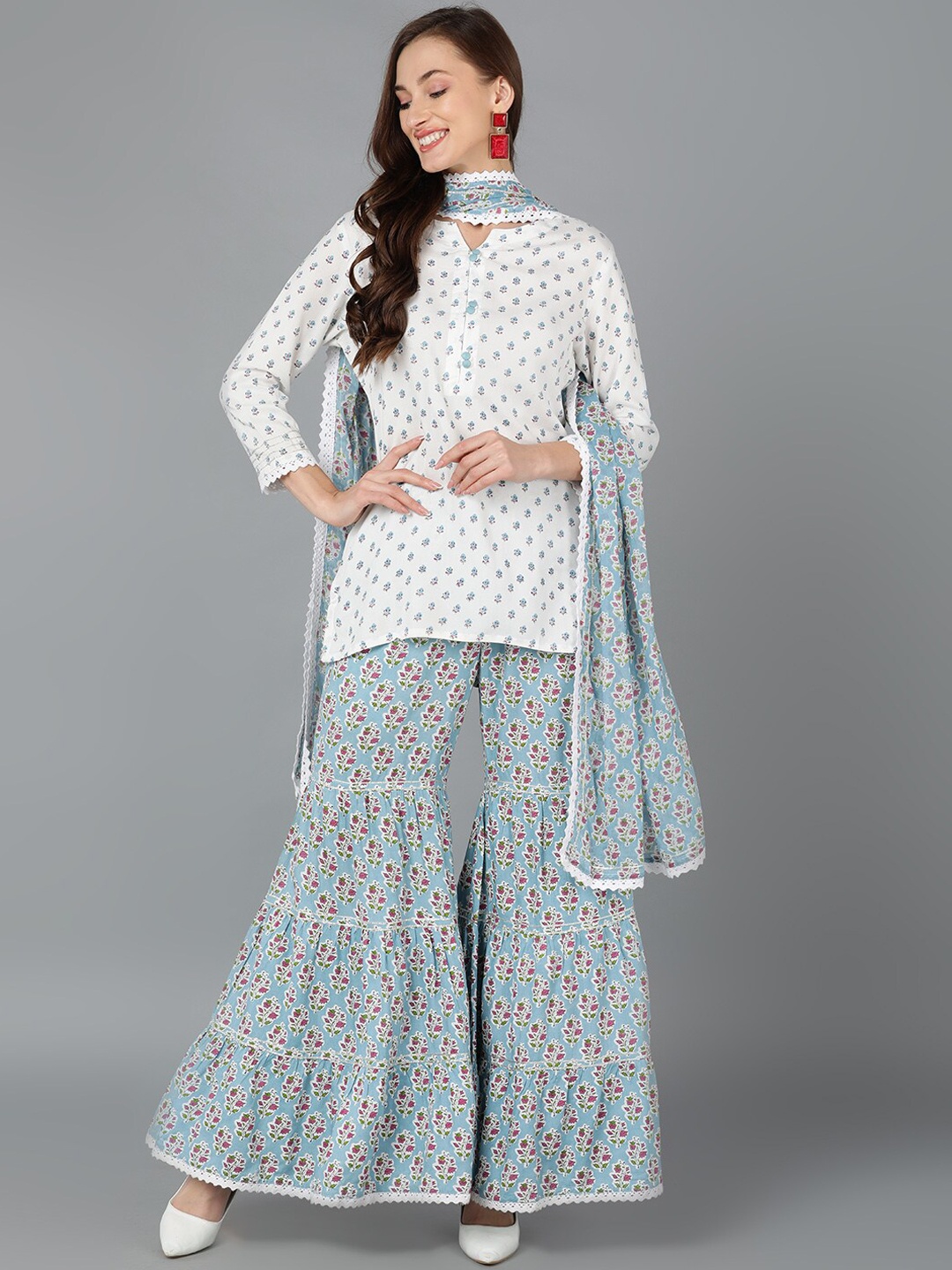 

AHIKA Floral Printed Notch Neck Pure Cotton Kurti With Sharara & Dupatta, White