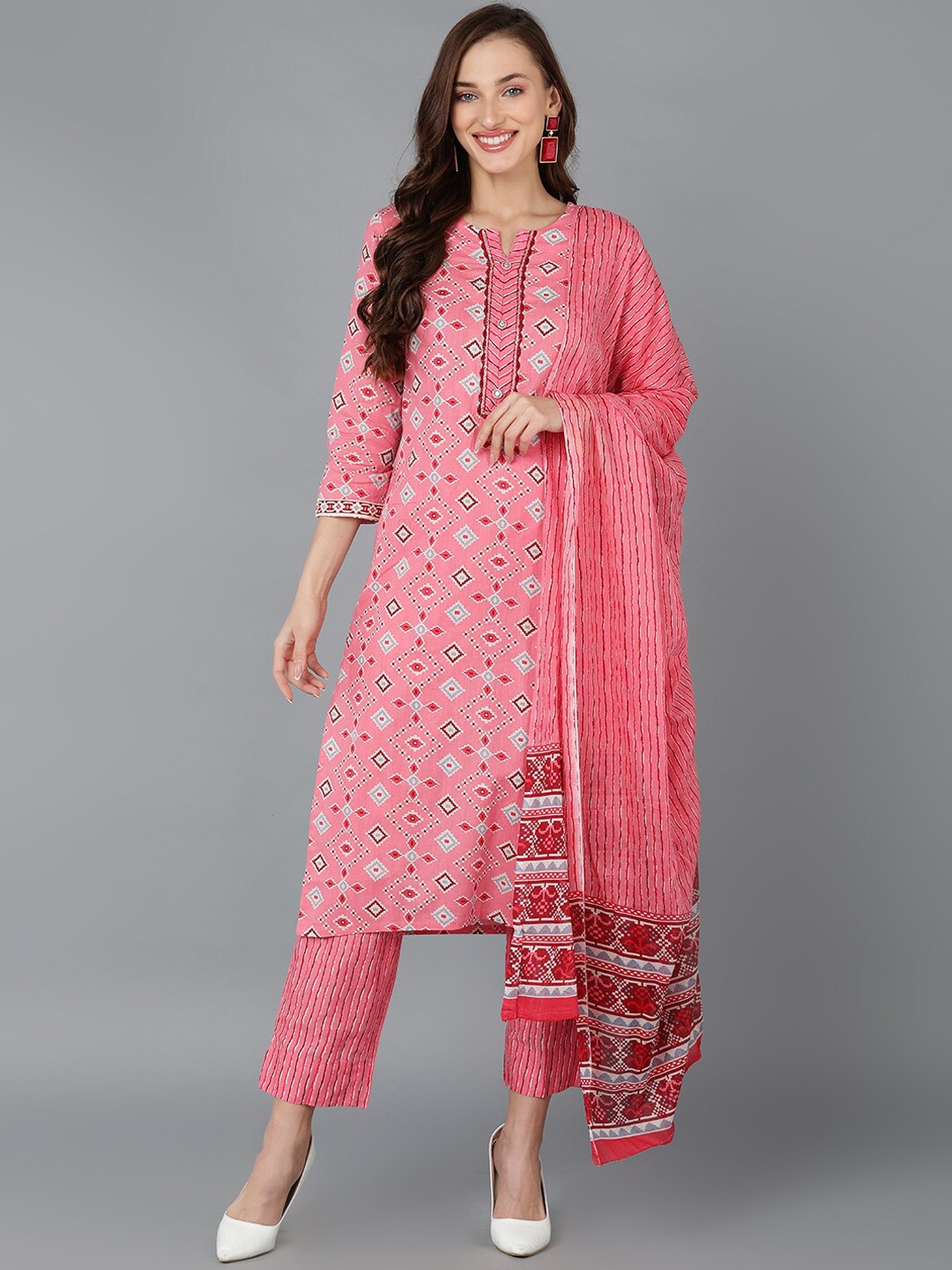 

AHIKA Geometric Printed Notch Neck Pure Cotton Kurta With Trousers & Dupatta, Pink