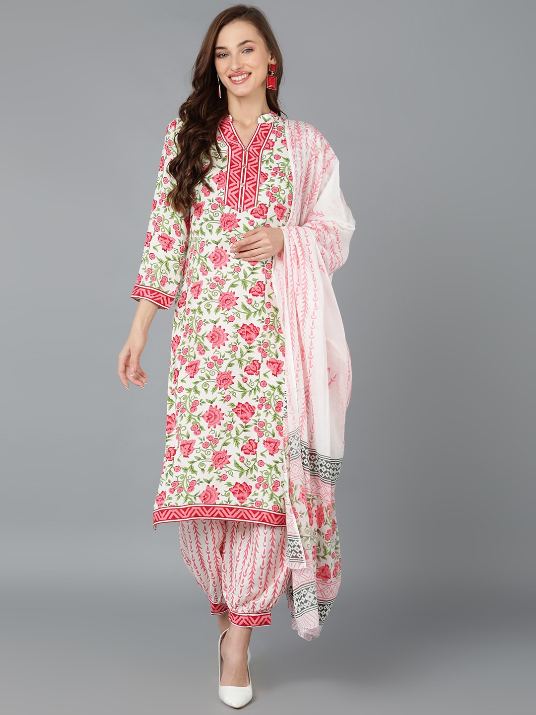 

AHIKA Women White Floral Printed Pure Cotton Kurta with Salwar & With Dupatta