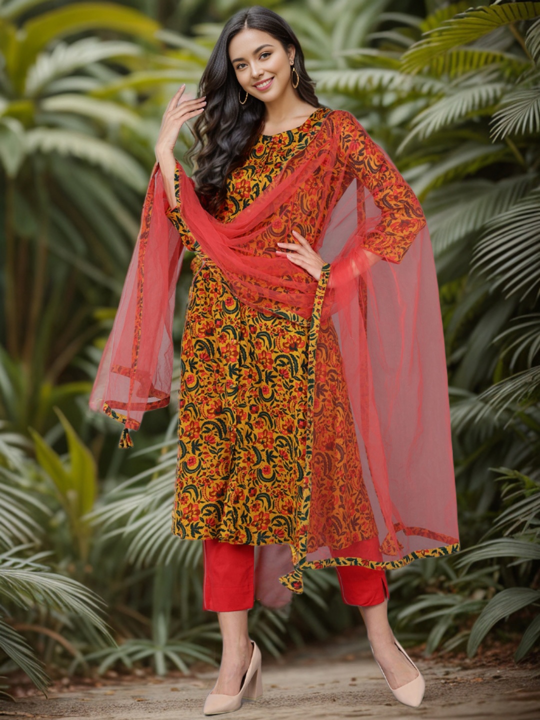 

AHIKA Floral Printed A-Line Kurta with Trousers & Dupatta, Mustard