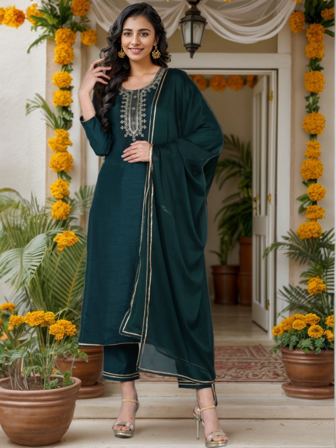 

AHIKA Ethnic Motifs Yoke Design Zari Detail Sequinned Kurta with Trousers & Dupatta, Green