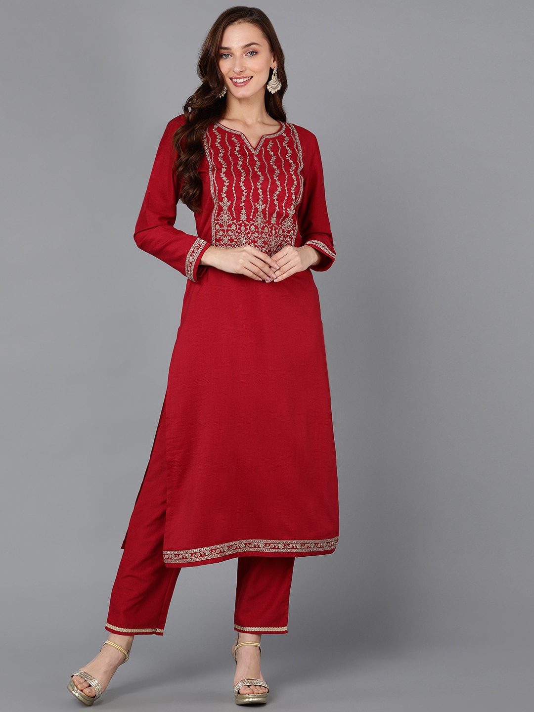 

AHIKA Ethnic Motifs Yoke Design Zari Sequined Detail A-Line Kurta, Red