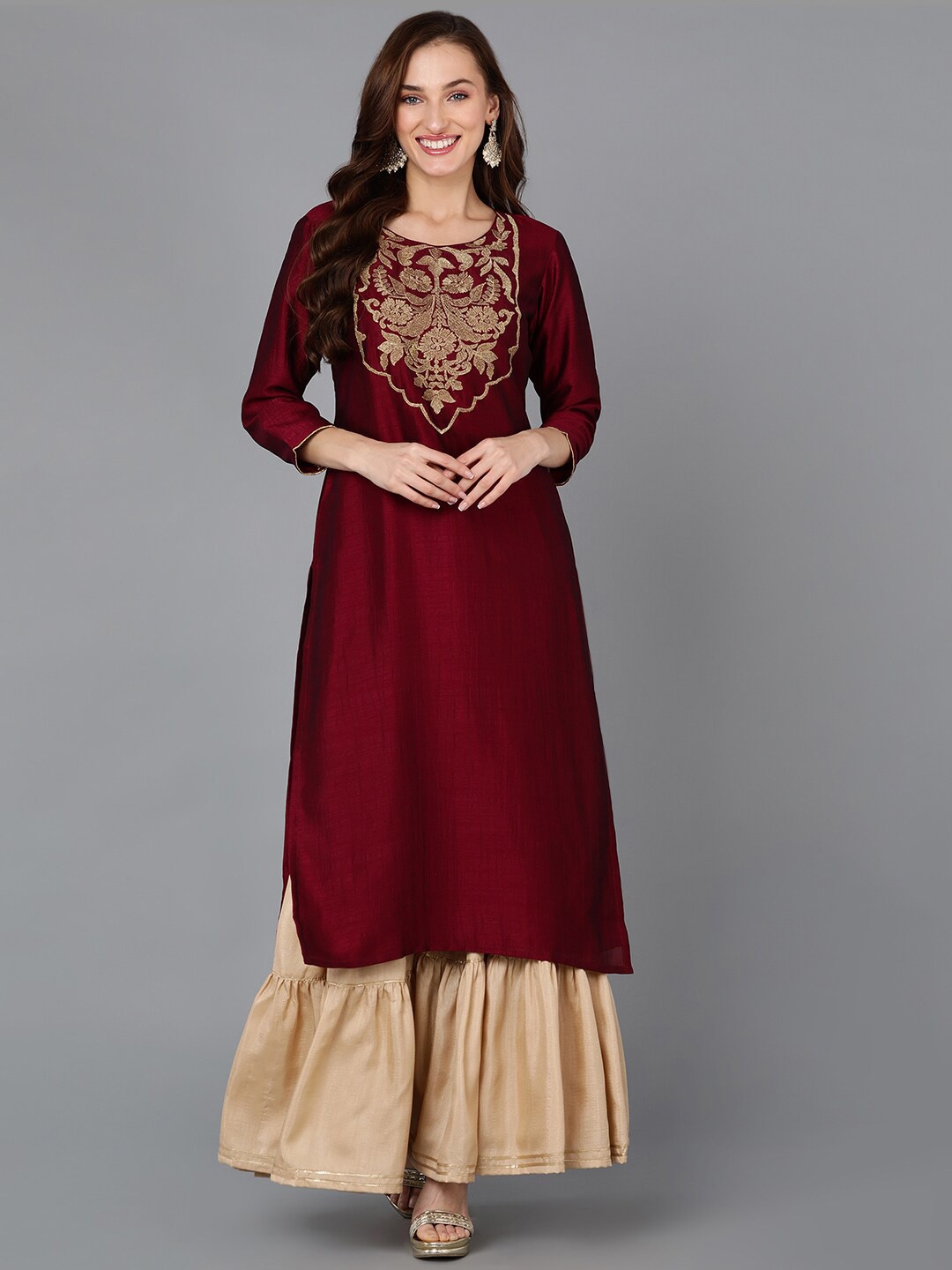 

AHIKA Floral Yoke Design Thread Work Kurta, Maroon