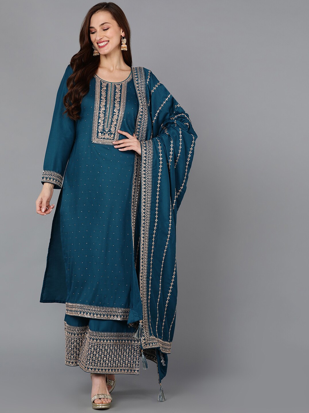 

AHIKA Ethnic Motifs Embroidered Zari Sequinned Kurta with Palazzos & Dupatta, Teal