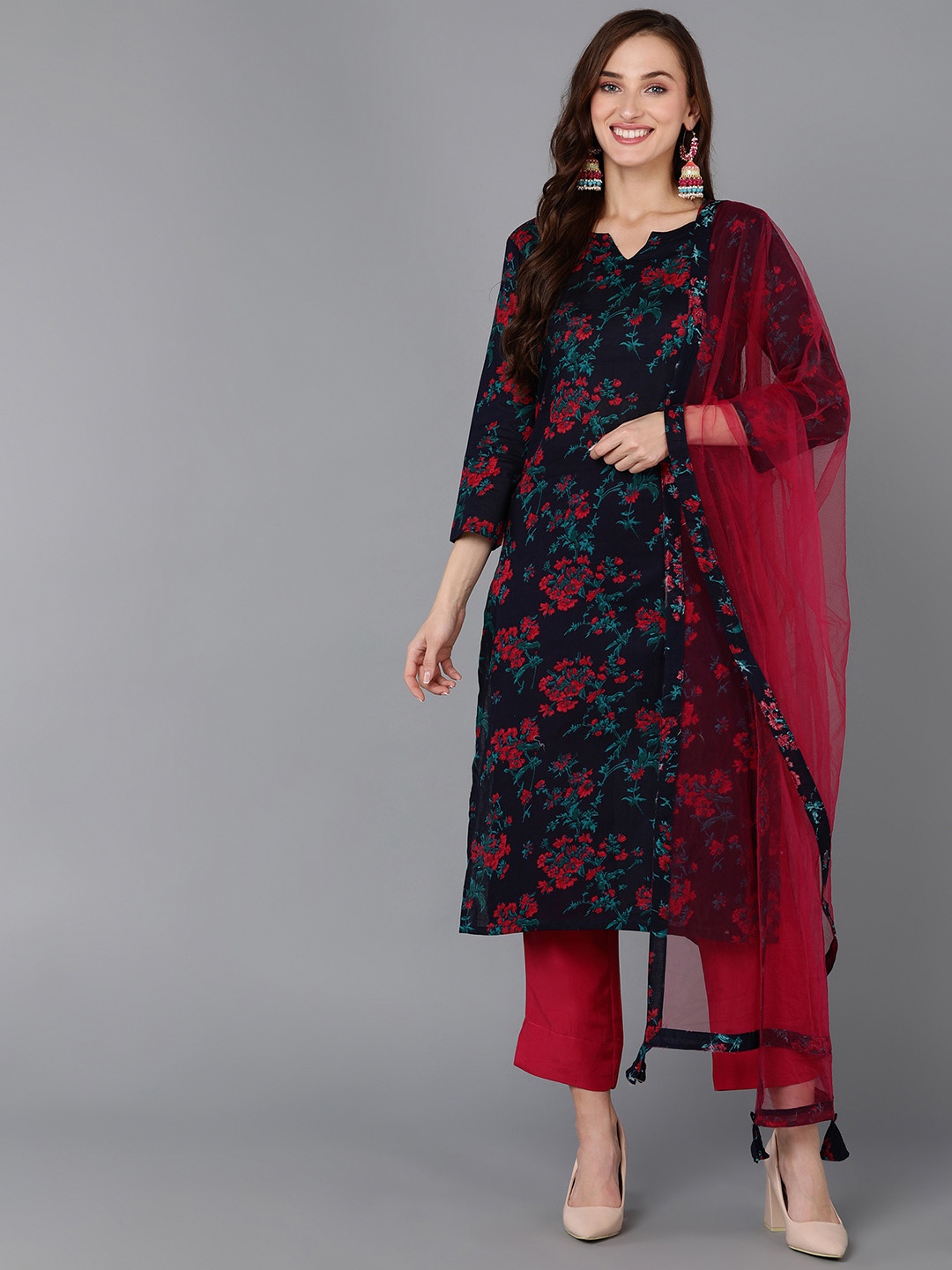 

AHIKA Floral Printed Kurta with Trousers & Dupatta, Navy blue
