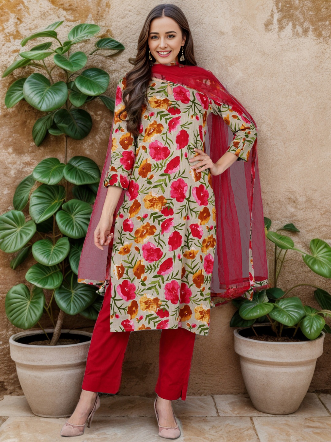 

AHIKA Floral Printed Kurta with Trousers & Dupatta, Grey