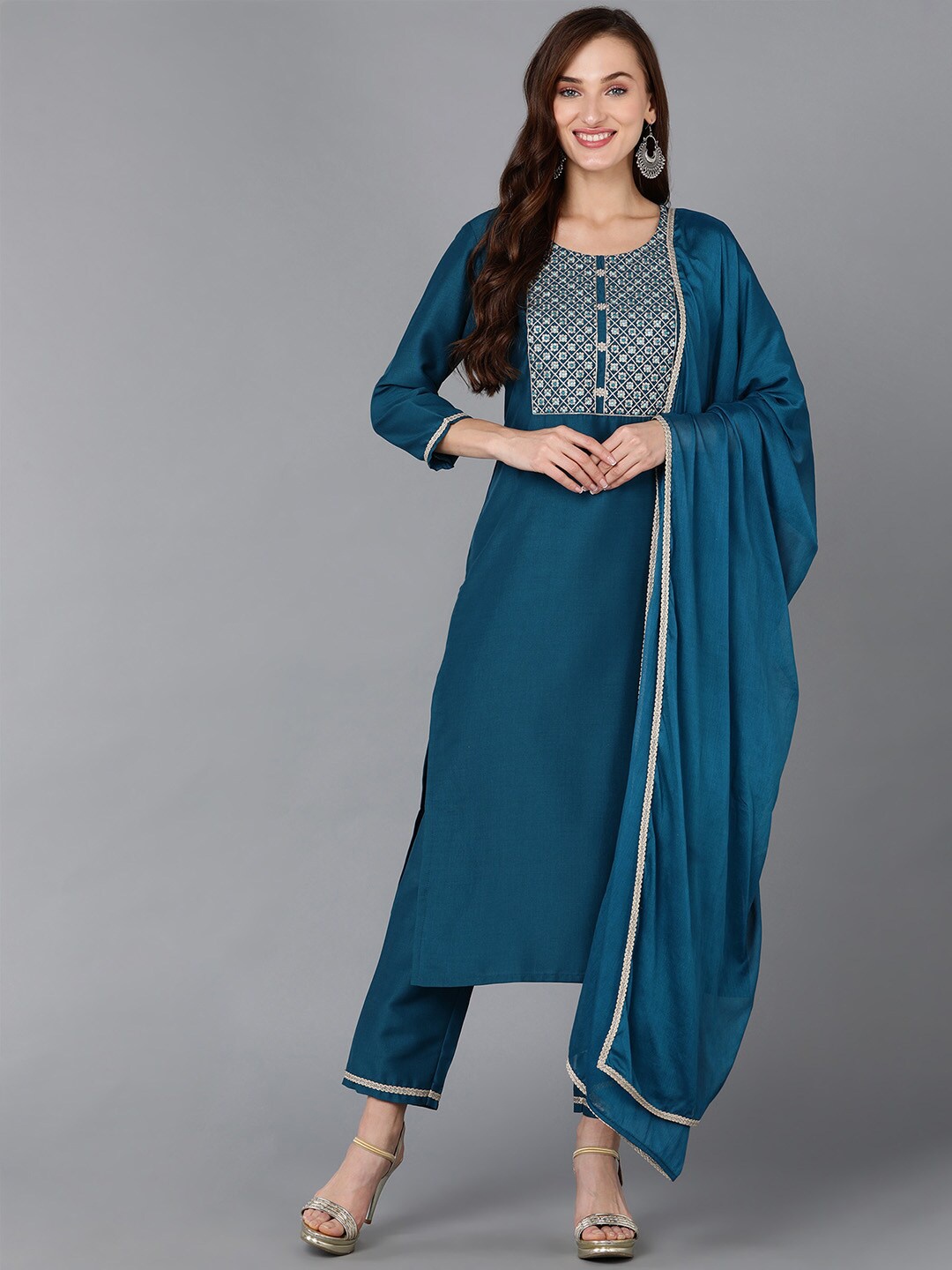 

AHIKA Ethnic Motifs Yoke Design Sequinned Kurta with Trousers & Dupatta, Navy blue