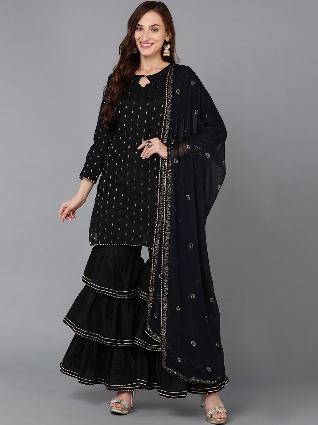 

AHIKA Ethnic Motifs Woven Design Kurti with Sharara & Dupatta, Black