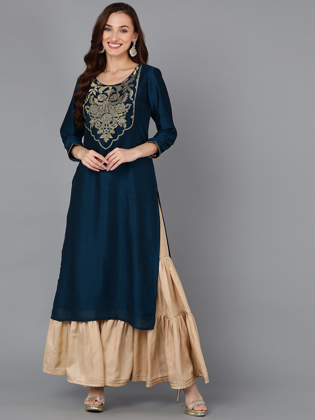 

AHIKA Floral Yoke Design Kurta, Teal