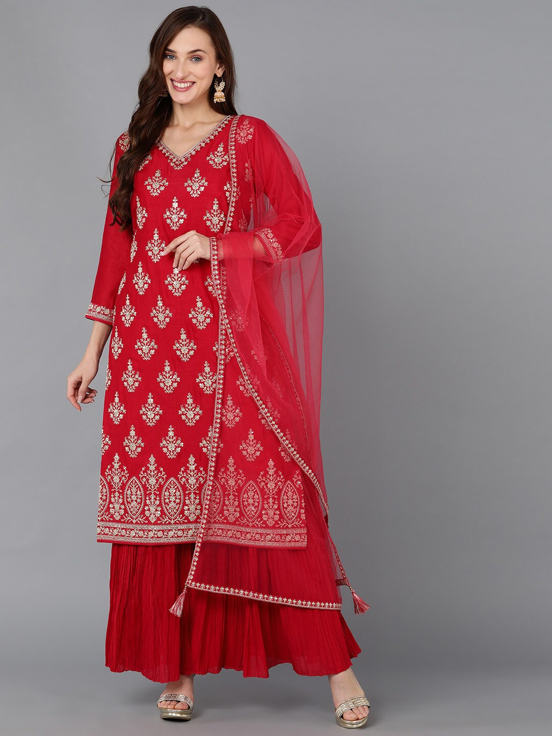 

AHIKA Ethnic Motifs Embroidered Sequinned Kurta with Sharara & With Dupatta, Red
