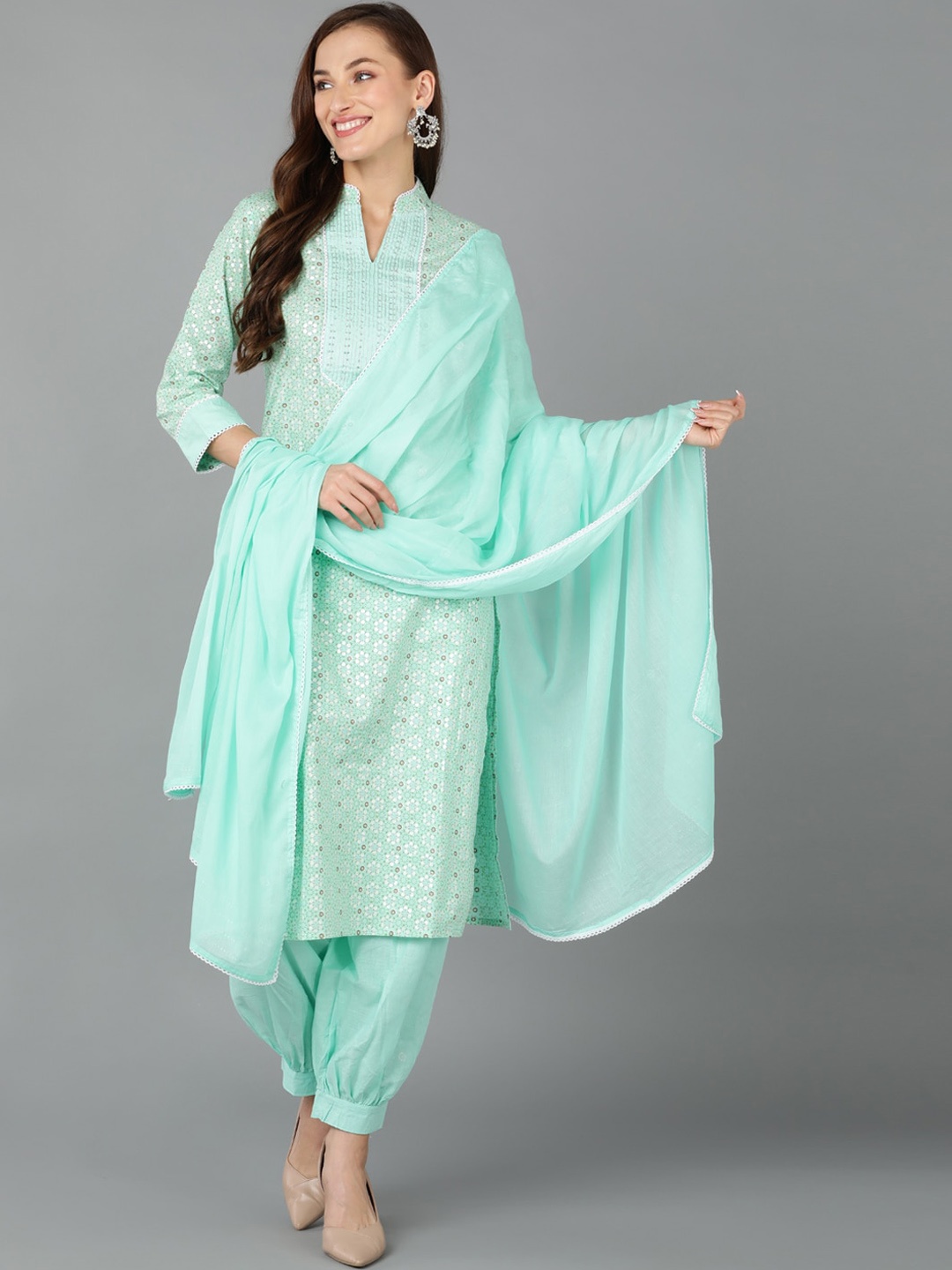 

AHIKA Floral Printed Zari Sequinned Pure Cotton Kurta with Salwar & Dupatta, Sea green