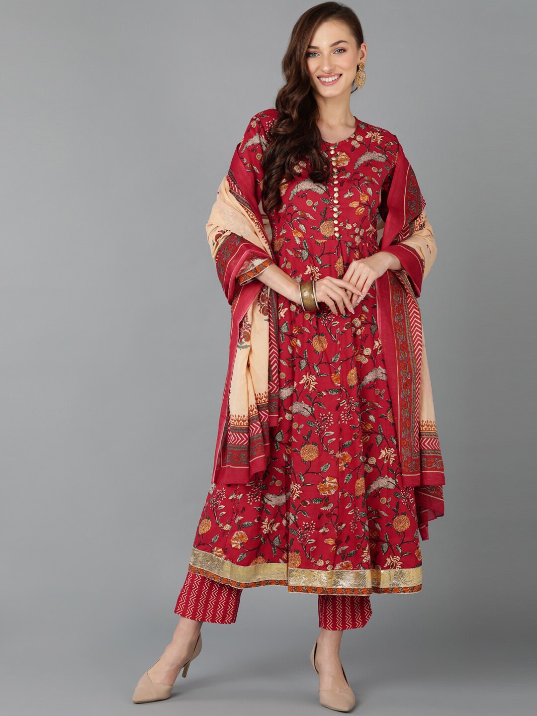

AHIKA Floral Printed Anarkali Pure Cotton Kurta with Trousers & Dupatta, Red
