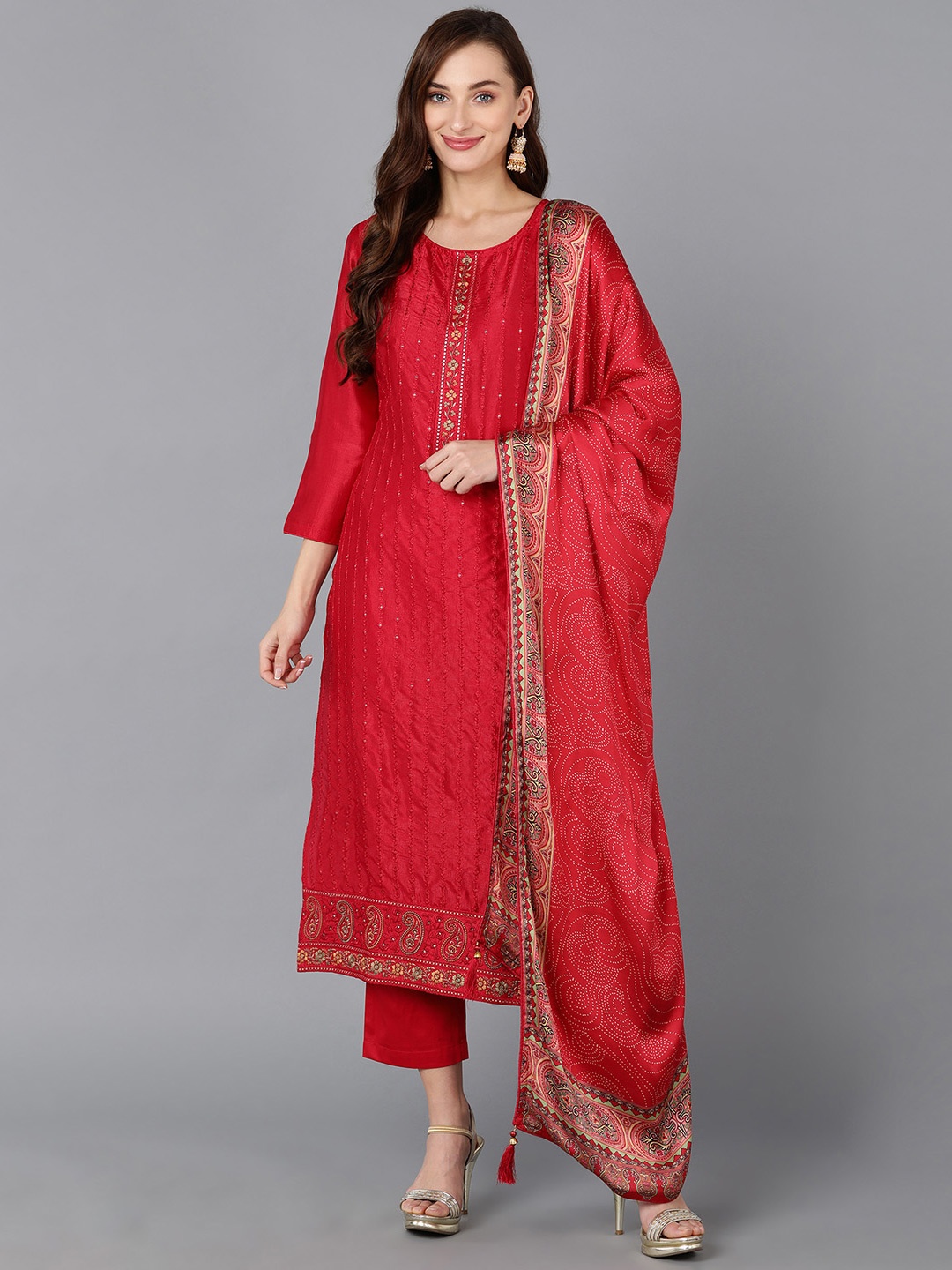 

AHIKA Ethnic Motifs Embroidered Sequinned Kurta with Trousers & Dupatta, Maroon