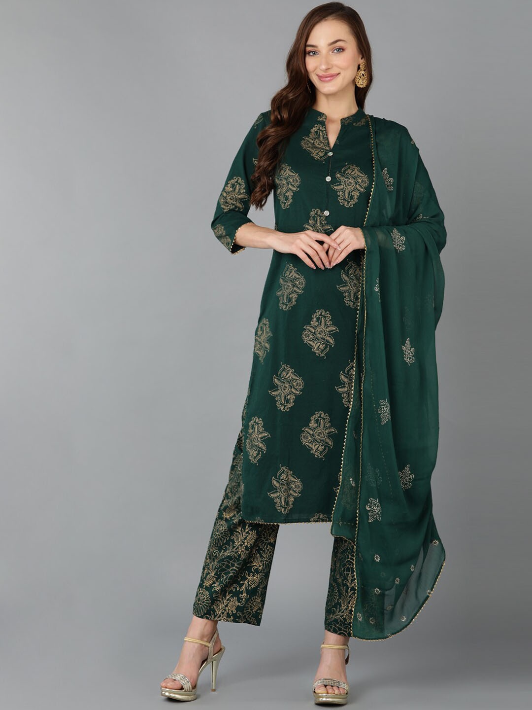 

AHIKA Floral Printed Pure Cotton Kurta with Trousers & Dupatta, Green