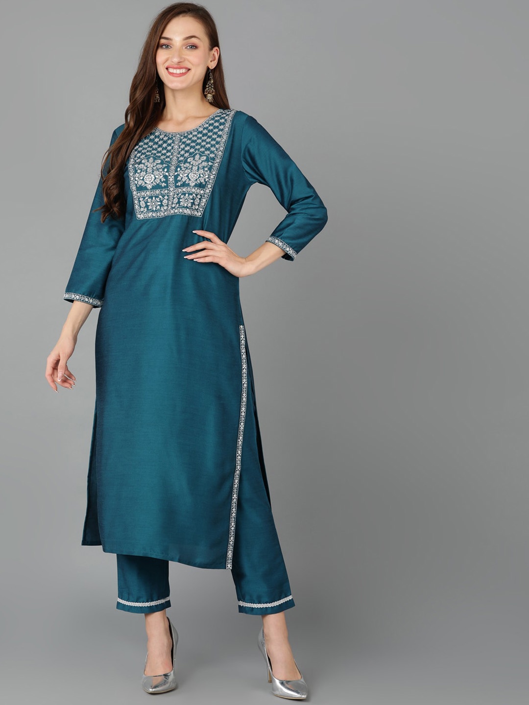 

AHIKA Ethnic Motifs Yoke Design Thread Work A-Line Kurta, Teal
