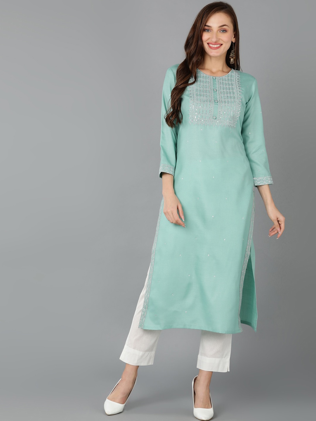 

AHIKA Ethnic Motifs Yoke Design Sequined Gotta Patti Straight Kurta, Sea green