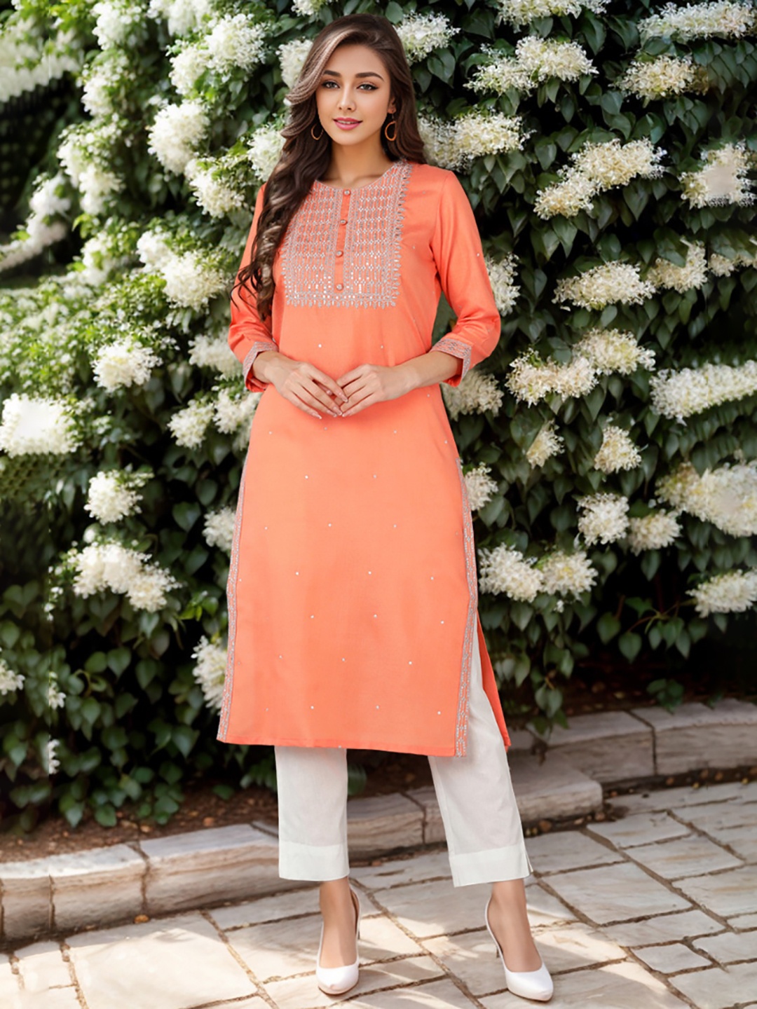 

AHIKA Ethnic Motifs Yoke Design Sequined Gotta Patti Straight Kurta, Peach