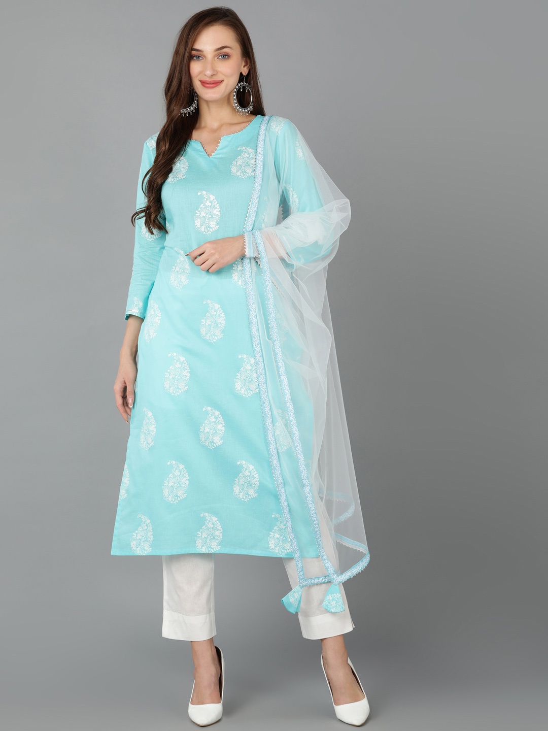 

AHIKA Paisley Printed Kurta with Trousers & Dupatta, Turquoise blue