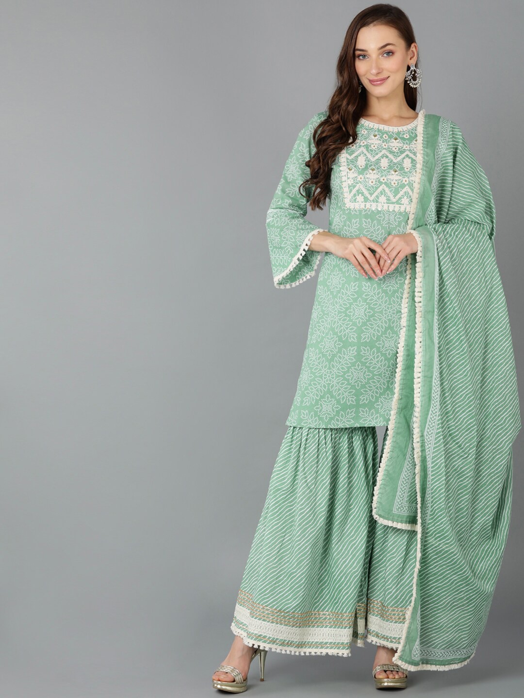 

AHIKA Bandhani Printed Sequinned Thread Work Pure Cotton Kurta with Sharara & Dupatta, Sea green