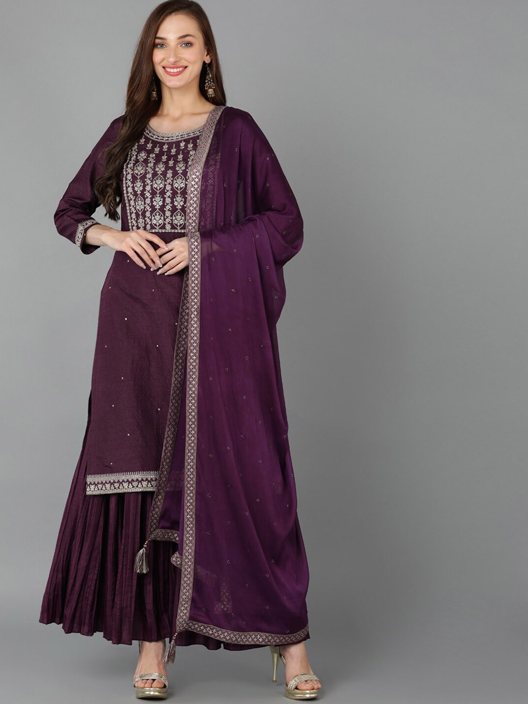 

AHIKA Ethnic Motifs Yoke Design Sequinned Kurta with Sharara & Dupatta, Purple