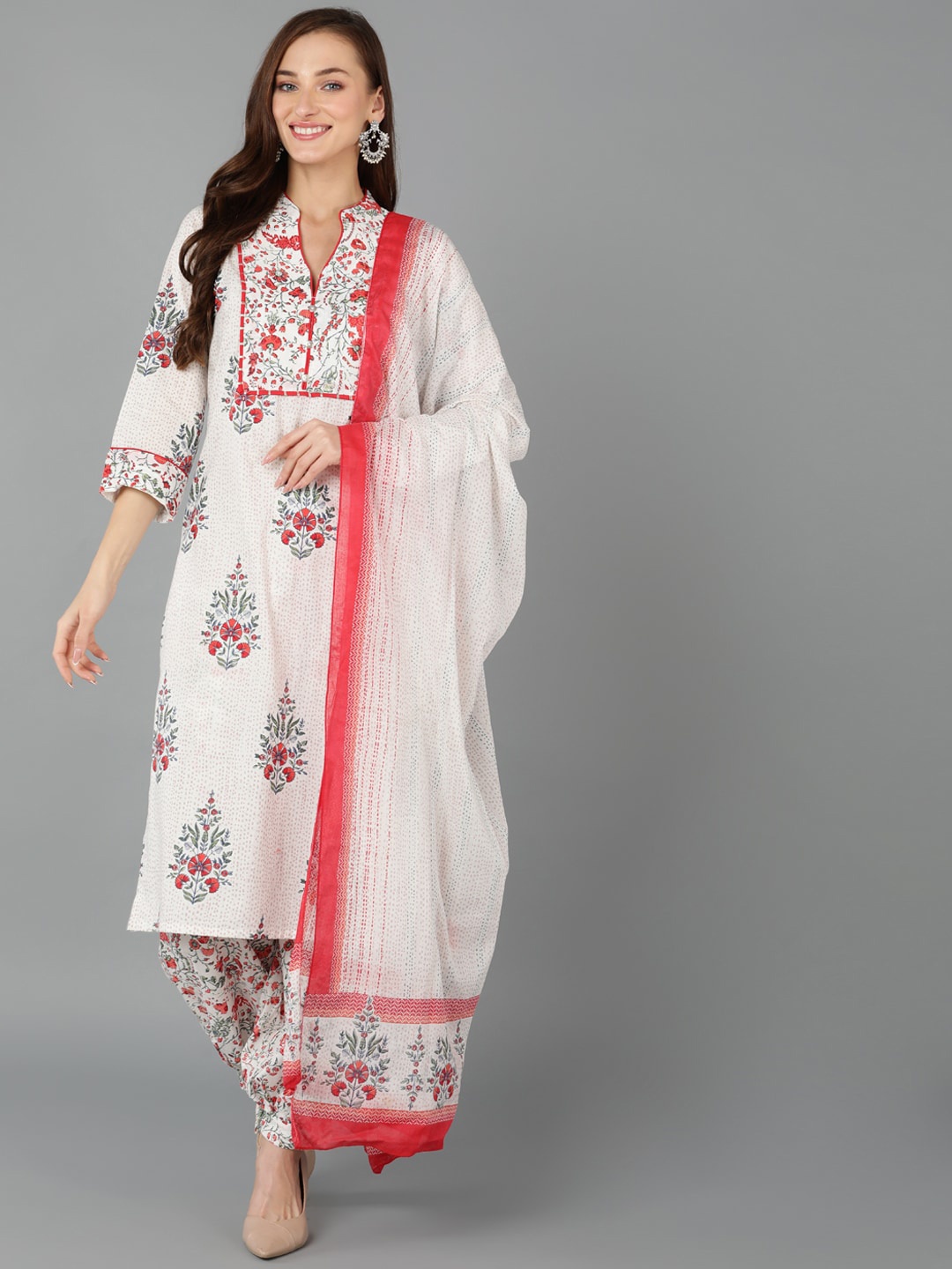 

AHIKA Floral Printed band Collar Pure Cotton Kurta with Salwar & Dupatta, Off white
