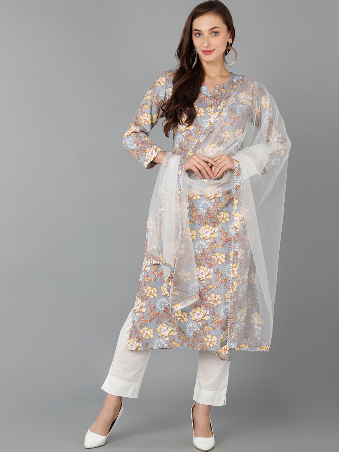 

AHIKA Floral Printed Kurta with Trousers & Dupatta, Grey