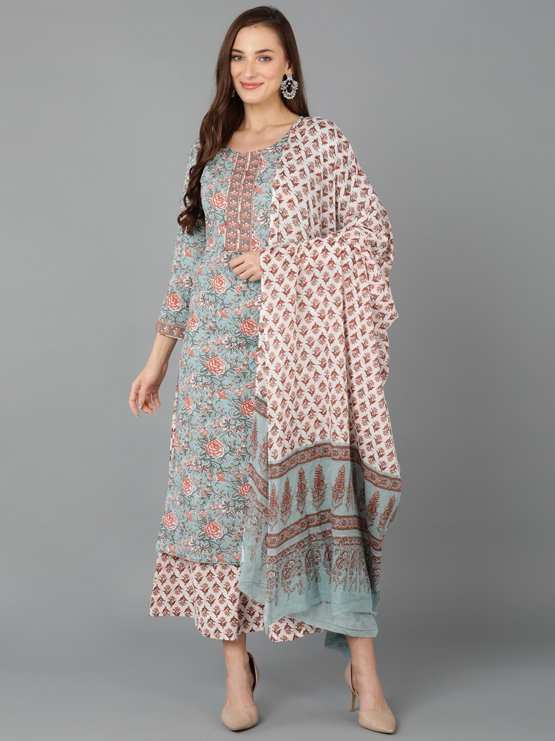 

AHIKA Floral Printed Pure Cotton Kurta with Palazzos & Dupatta, Blue