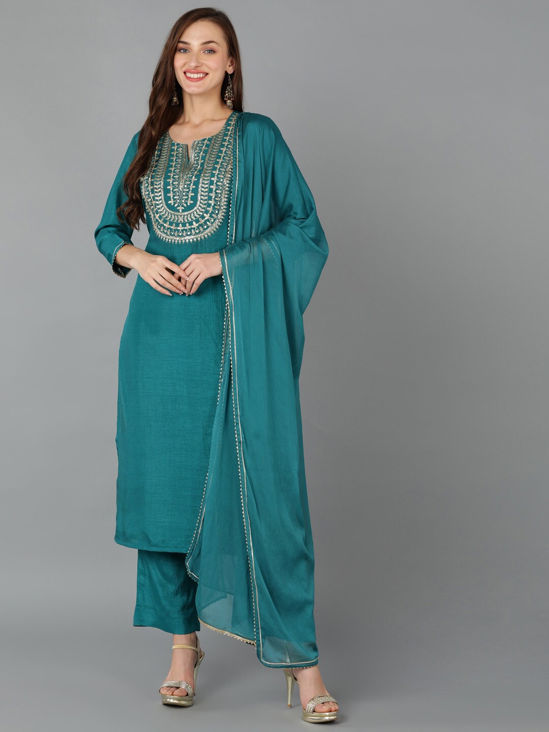 

AHIKA Ethnic Motifs Yoke Design Zari and Sequined Kurta with Trousers & Dupatta, Teal