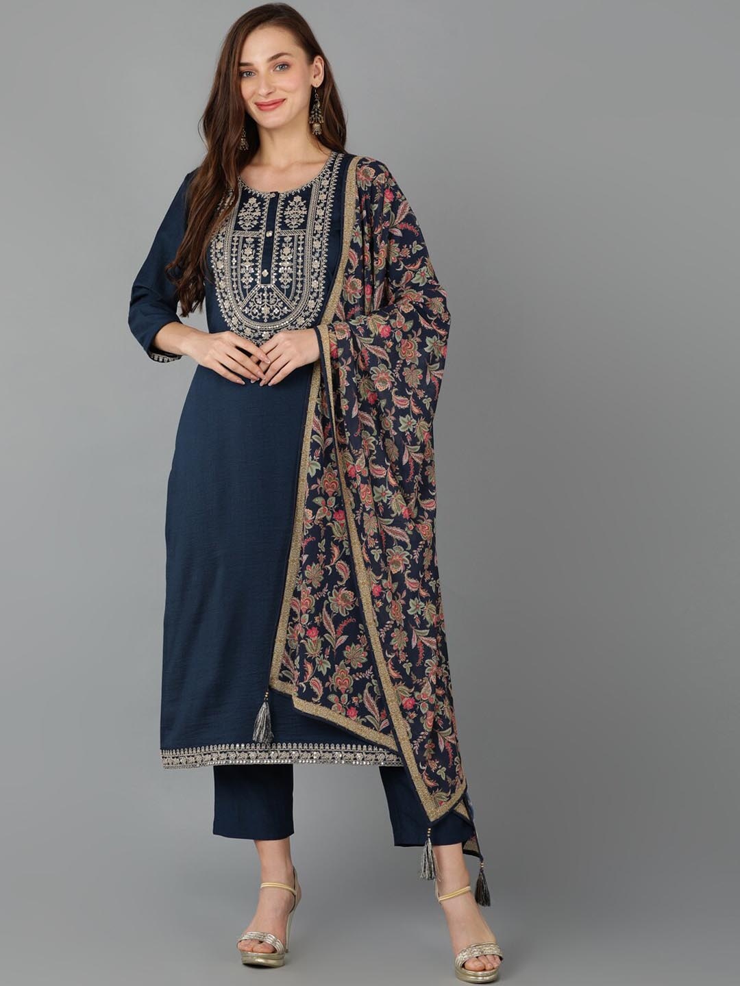 

AHIKA Floral Yoke Design Sequined Zari Work Kurta with Trousers & Dupatta, Navy blue